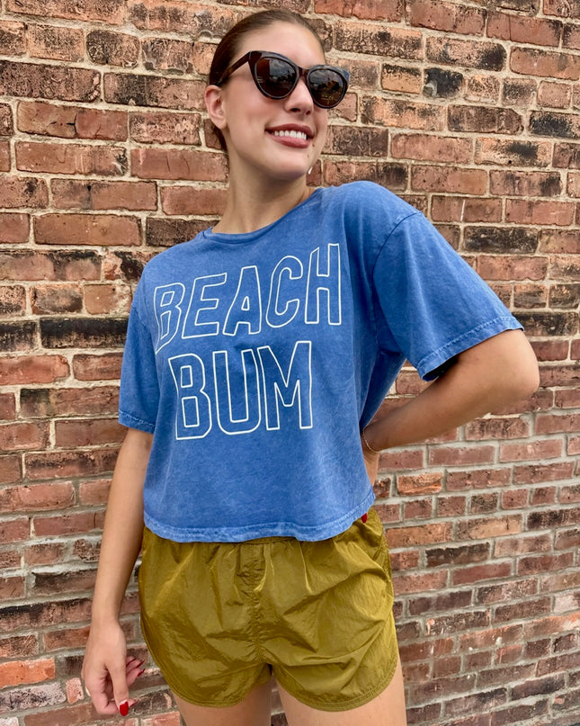 BEACH BUM Denim Blue Cropped Mineral Graphic Top