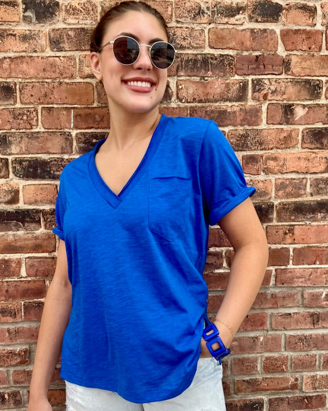 Cobalt Blue Zoie V-Neck Short Sleeve Tee