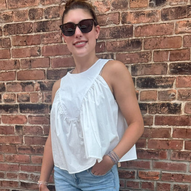 Off White Sleeveless Ruffle Detail Top