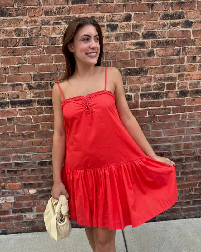 Coral Red A-line Dress With Ruffle Details - Shop Simply Apparel