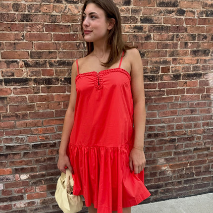 Coral Red A-line Dress With Ruffle Details