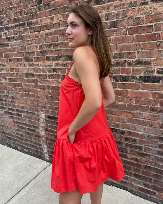 Coral Red A-line Dress With Ruffle Details
