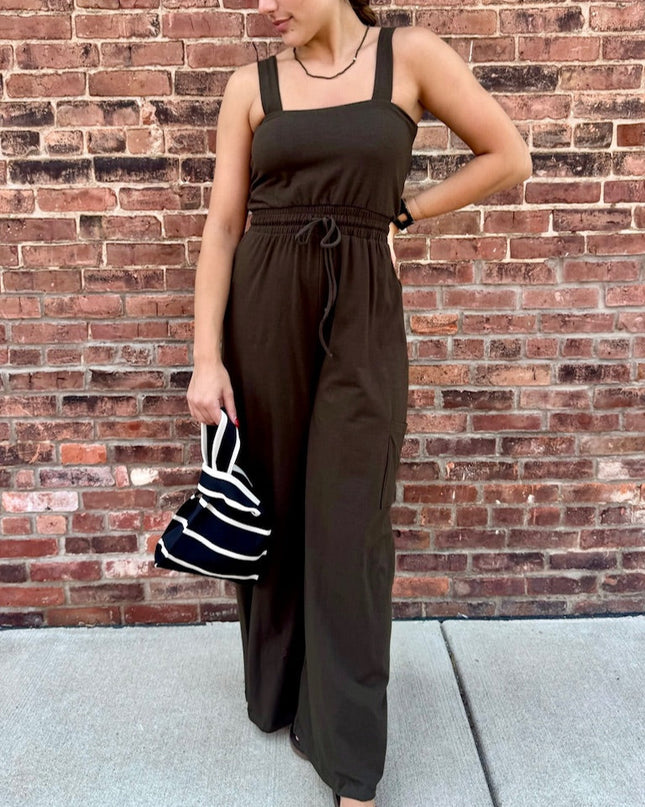 Olive Drawstring Waist Jersey Jumpsuit