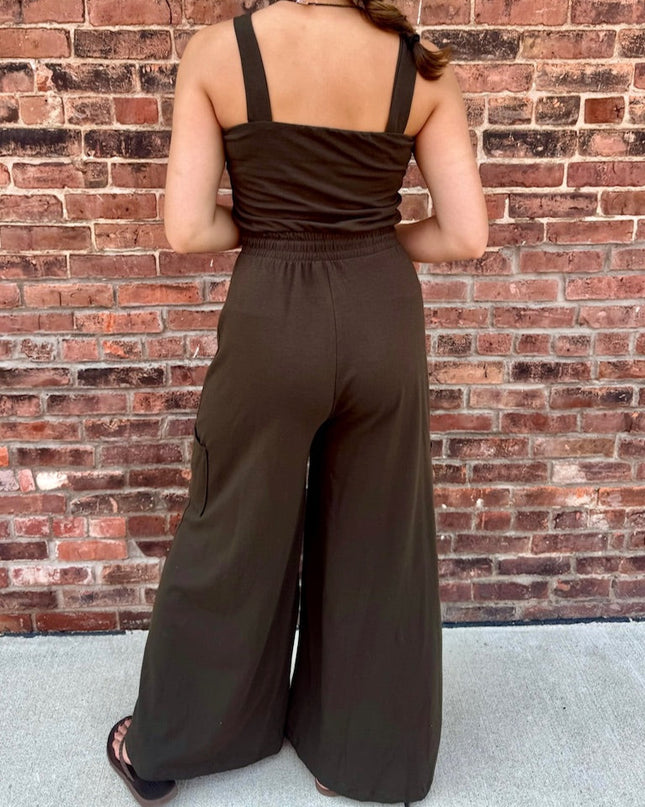 Olive Drawstring Waist Jersey Jumpsuit