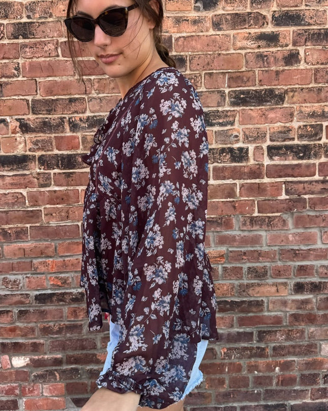 Plum Floral Chiffon Babydoll Peasant Top