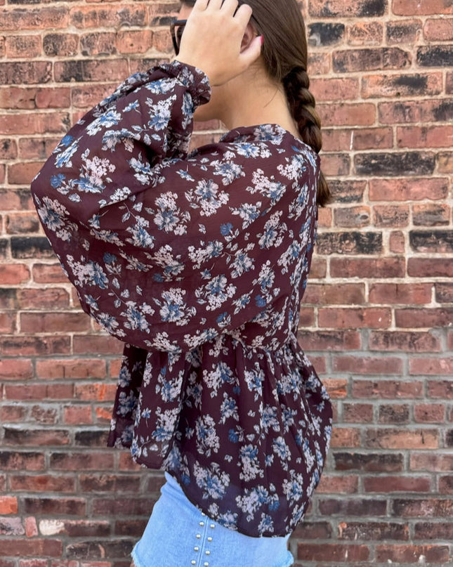 Plum Floral Chiffon Babydoll Peasant Top