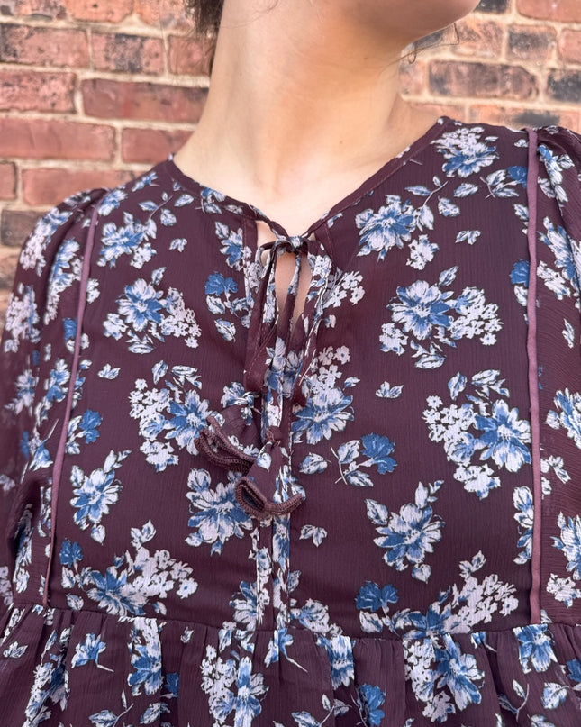 Plum Floral Chiffon Babydoll Peasant Top