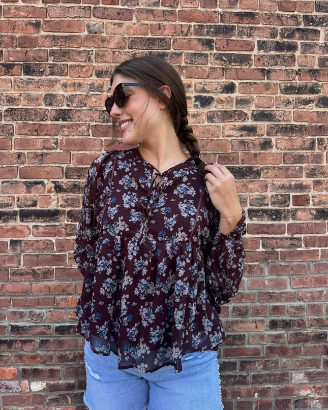 Plum Floral Chiffon Babydoll Peasant Top - Shop Simply Apparel