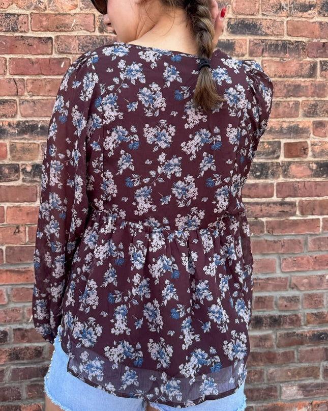 Plum Floral Chiffon Babydoll Peasant Top