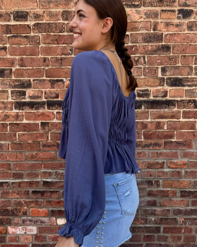 Midnight Blue Smocked Blouse Top