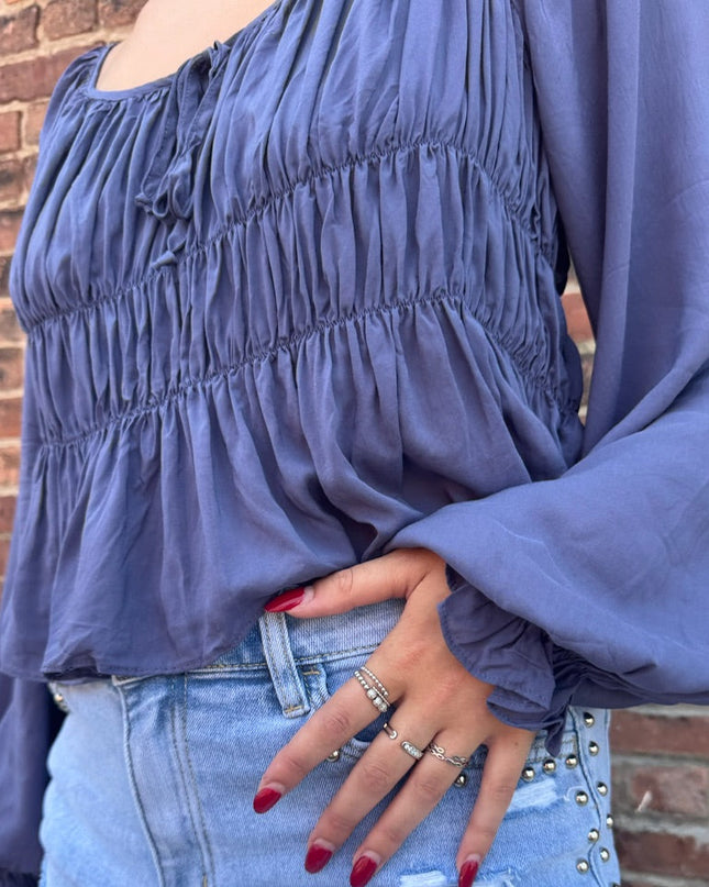 Midnight Blue Smocked Blouse Top