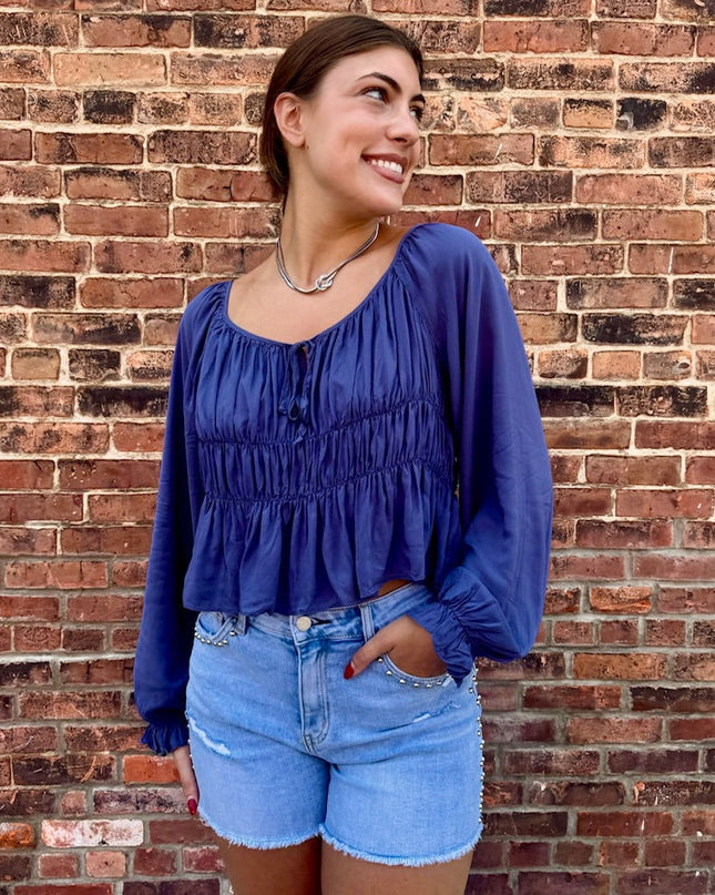 Navy smocked boho blouse
