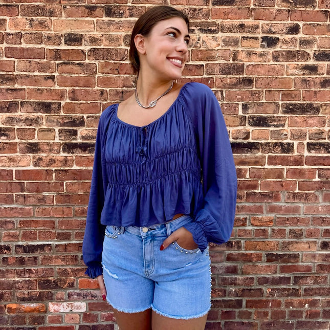 Navy smocked boho blouse