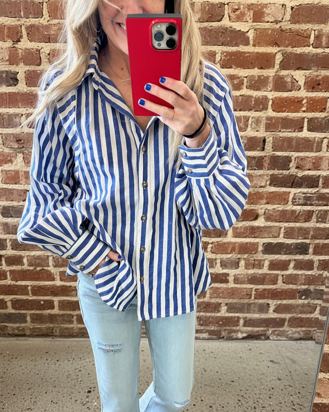 blue white stripe oversized button down shirt