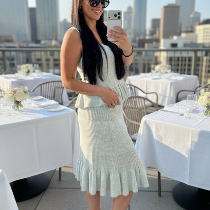 Grey Ruffle Hem Midi Knit Skirt