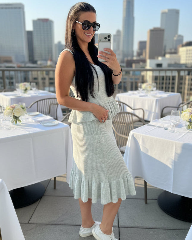Grey Ruffle Hem Midi Knit Skirt