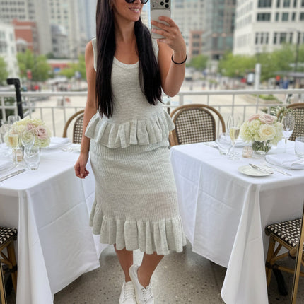 Grey Ruffle Hem Midi Knit Skirt