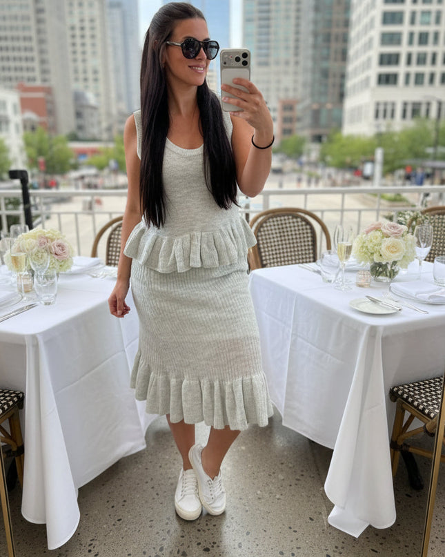 Grey Ruffle Hem Midi Knit Skirt