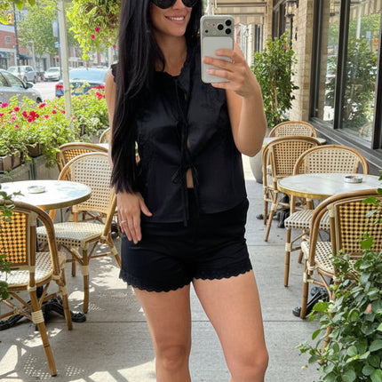 Black Floral Embroidery Sleeveless Tie Blouse