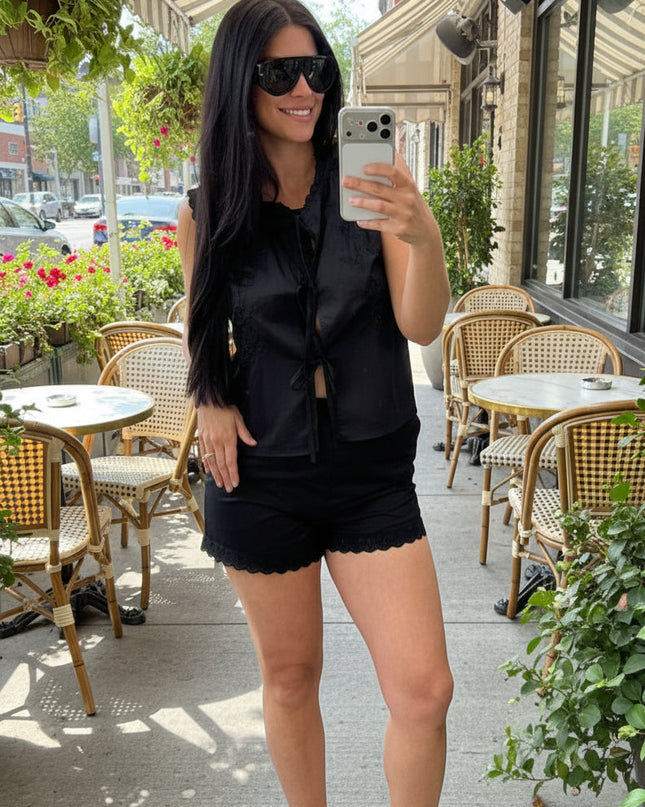 Black Floral Embroidery Sleeveless Tie Blouse