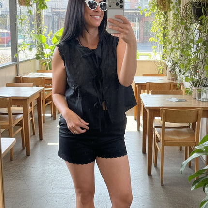 Black Floral Embroidery Sleeveless Tie Blouse