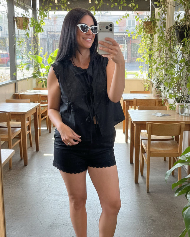 Black Floral Embroidery Sleeveless Tie Blouse