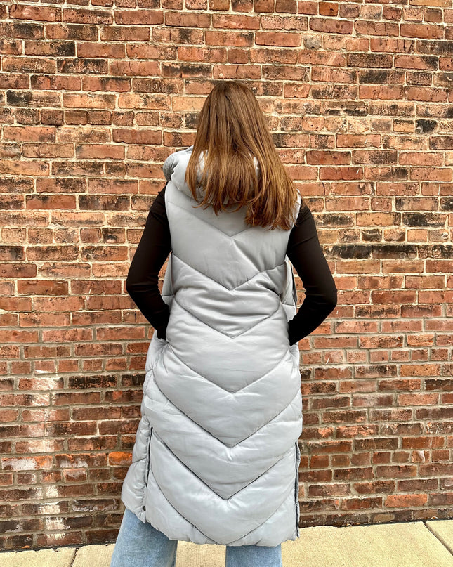 Grey Longline Puffer Hooded Vest