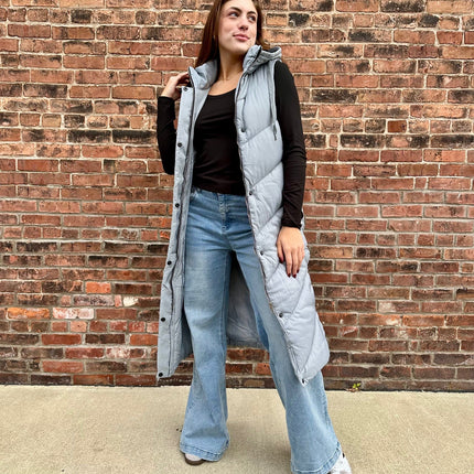 Grey Longline Puffer Hooded Vest