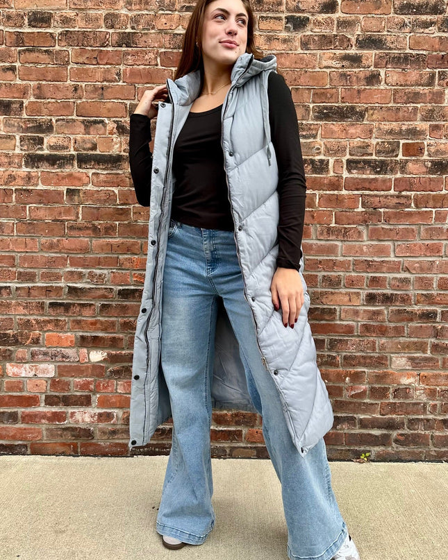 Grey Longline Puffer Hooded Vest