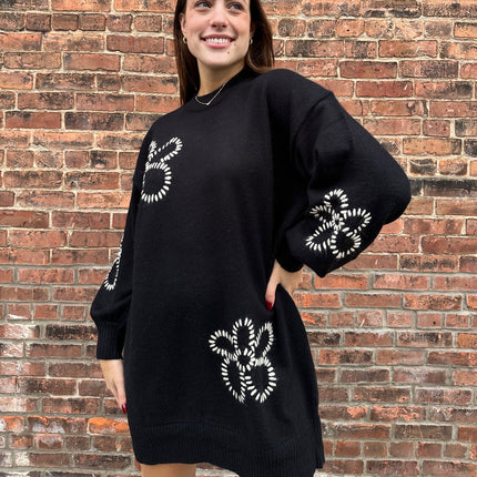 Black Floral Embroidered Mini Sweater Dress - Shop Simply Apparel