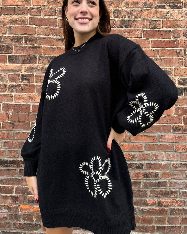 Black Floral Embroidered Mini Sweater Dress - Shop Simply Apparel