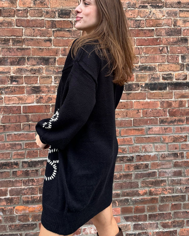 Black Floral Embroidered Mini Sweater Dress - Shop Simply Apparel