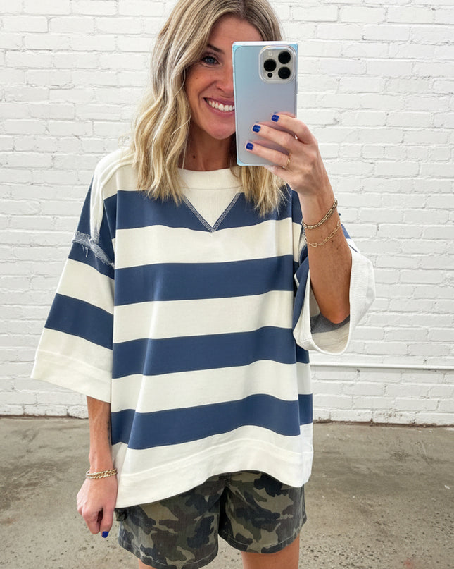 Blue Stripe Oversized Crew Neck Top