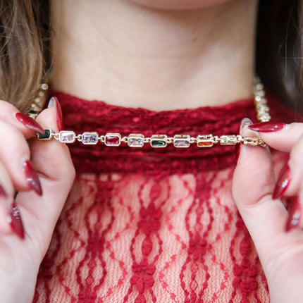 Gold CZ Multicolor Baguette Bezel Necklace