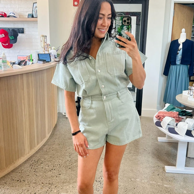 Sage Short Sleeved Denim Romper - Shop Simply Apparel
