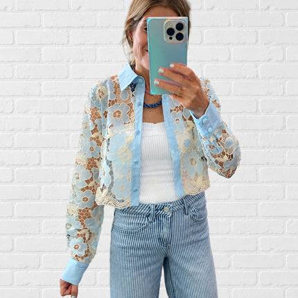 Baby Blue/Ivory Floral Lace Button Blouse