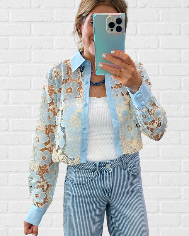 Baby Blue/Ivory Floral Lace Button Blouse