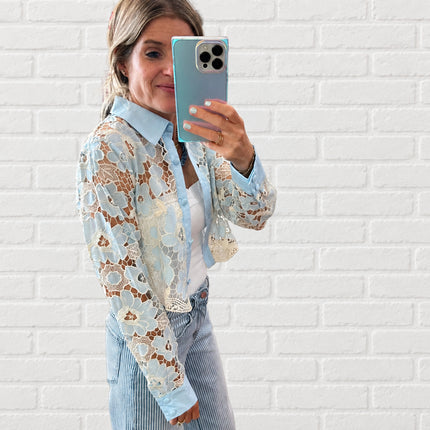 Baby Blue/Ivory Floral Lace Button Blouse