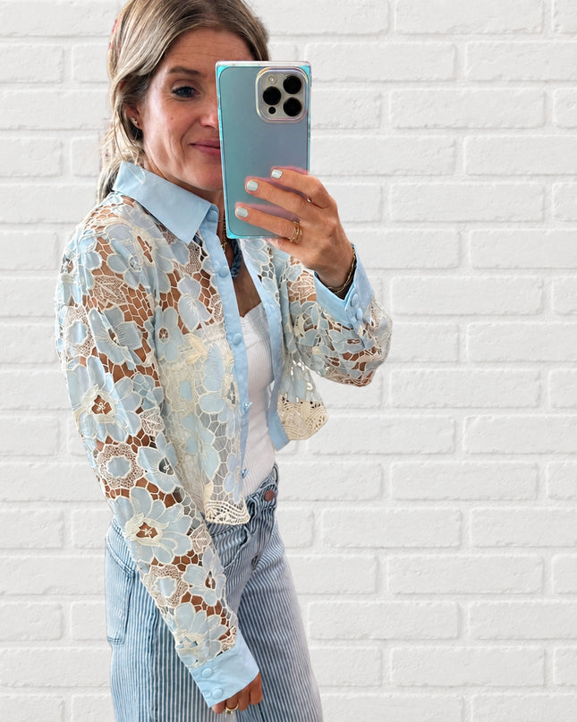 Baby Blue/Ivory Floral Lace Button Blouse