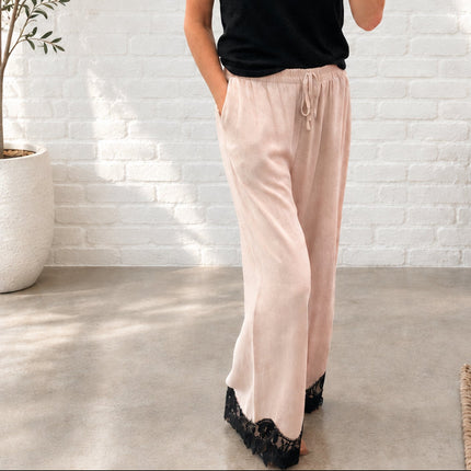 Beige Linen Blend Lace Trim Pants