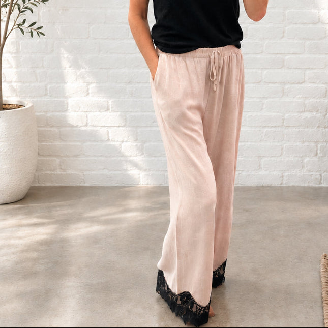 Beige Linen Blend Lace Trim Pants