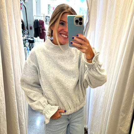 Heather Grey Mock Neck Ruffled Cuff Sweatshirt