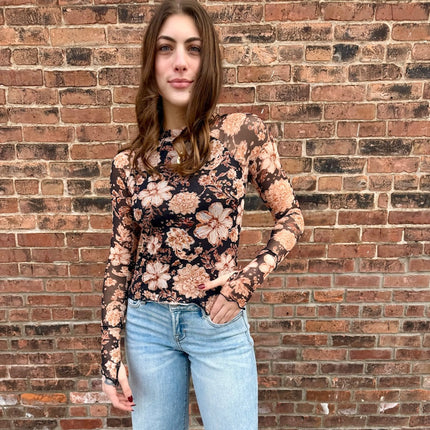 Black Floral Mesh Top