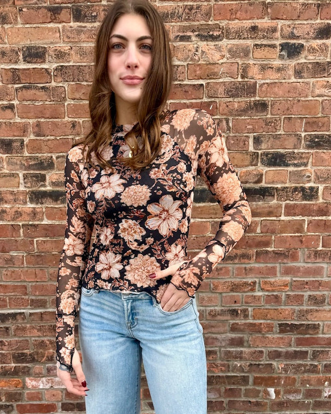 Black Floral Mesh Top