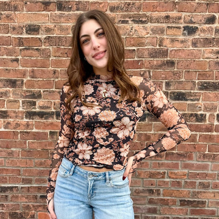 Black Floral-Print Mesh Top