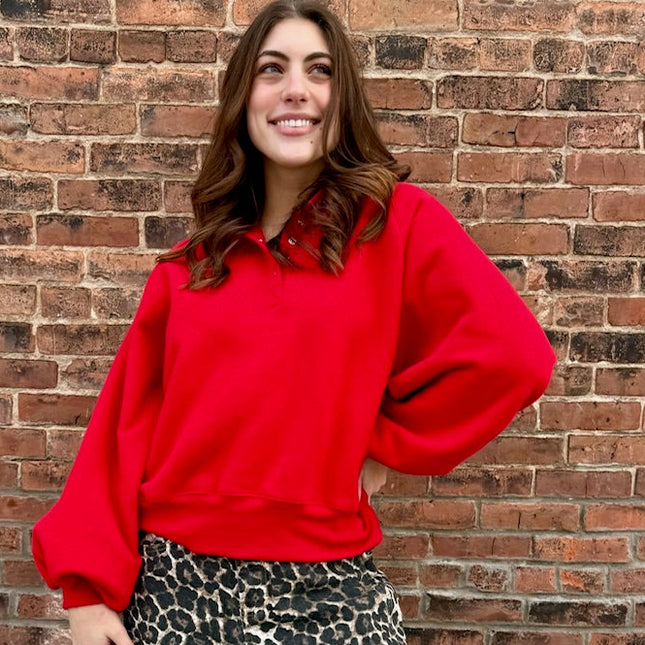 Red Piper Snap Button Collared Sweatshirt