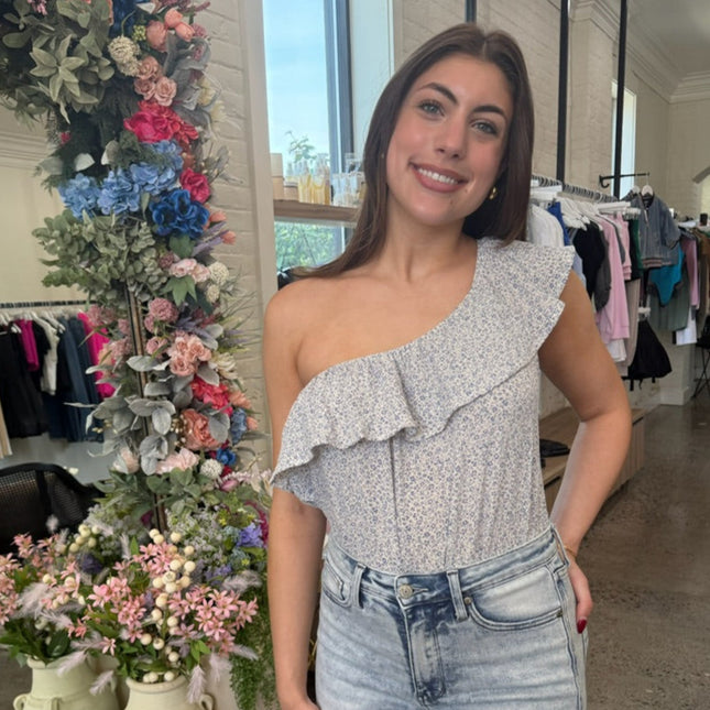 Blue floral one shoulder summer top