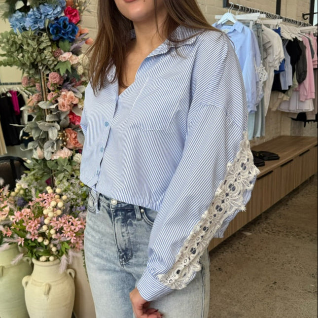 Blue Pinstripe Lace Insert Shirt - Shop Simply Apparel