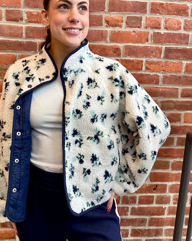 Ivory/Navy Floral Print Fluffy Fleece Jacket