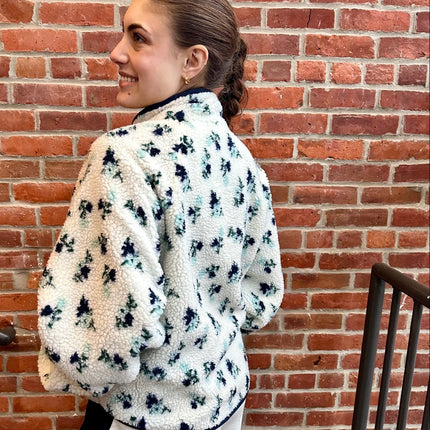 Ivory/Navy Floral Print Fluffy Fleece Jacket